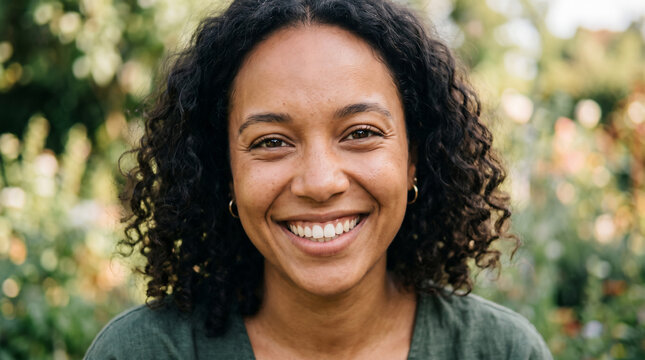 Radiant Smile: A close-up portrait of a young woman with a warm, genuine smile and curly dark hair, set against a soft, natural background of greenery. Her eyes sparkle with happiness and confidence.
