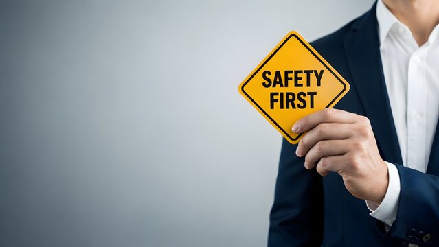 Occupational safety first warning concept shown by corporate manager holding yellow hazard sign representing workplace compliance and protection