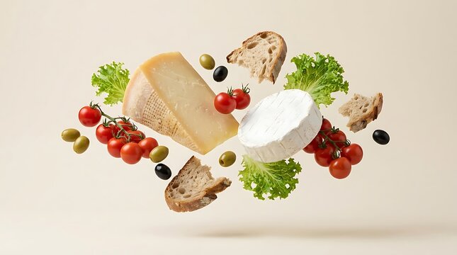 Gourmet cheese, bread, olives, lettuce, and tomatoes floating on a light background. Ideal for luxury food branding.