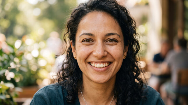 Joyful Woman Outdoors: A radiant woman with a warm smile and curly hair is captured in a close-up shot, her eyes sparkling with happiness. The background is softly blurred.
