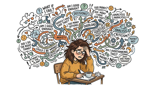 Overwhelmed student struggling with thoughts and decisions at desk.