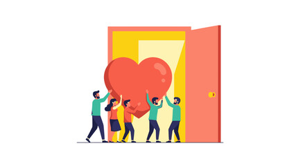 Fototapeta premium People Carrying a Large Red Heart Through an Open Door - Teamwork, Charity, and Community Support Concept Illustration