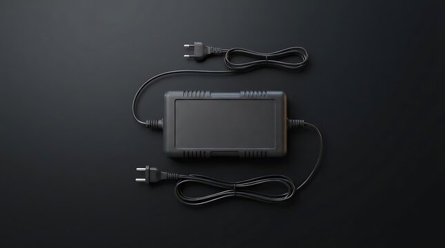A 12v battery charger with power cables isolated on a clean black background viewed from above perfect for electronics and power supply equipment concepts