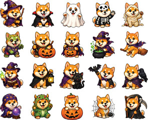 Fototapeta premium Shiba Inu Dogs Dressed in Halloween Costumes Featuring Witch, Vampire, Ghost with Skeleton and Mummy Elements for Pumpkin, Witch