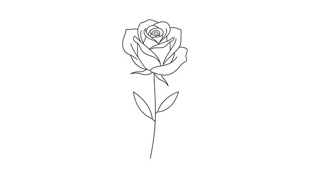 Elegant line art drawing of a single rose flower with stem and two leaves over a clean white background.