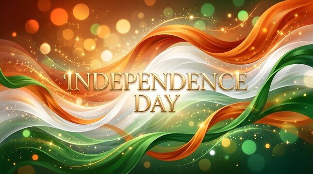 Indian independence day celebration vibrant tricolor waves and golden typography