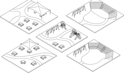 Fototapeta premium Isometric Public Park and Playground Line Art Vector Set for Architectural and Urban Planning