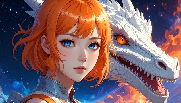 Portrait of a young woman with vibrant orange hair and striking blue eyes, alongside a white dragon against a celestial backdrop