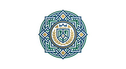Obraz premium Octagonal green and gold crest with central shield.