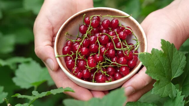 Female hands holding a ceramic bowl filled with freshly picked red currants next to a red currant bush in a garden. Close up.
