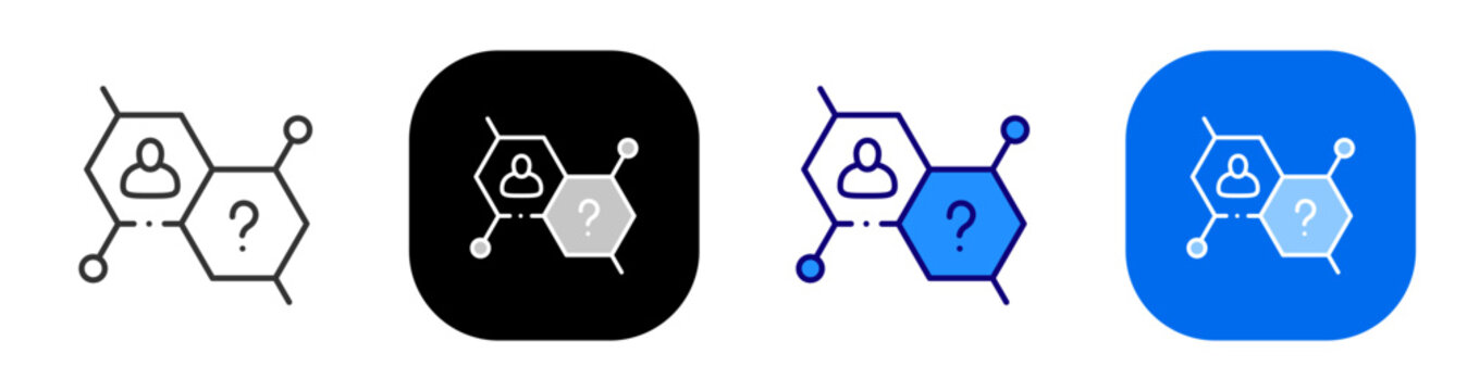 Person network with question mark for user profile inquiry and identity support. Line, filled, black, color set. Editable stroke