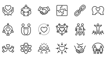 Fototapeta premium Community and empathy line icons, 18 charity and kindness vector symbols, social support and relationship outline graphics for non-profit branding