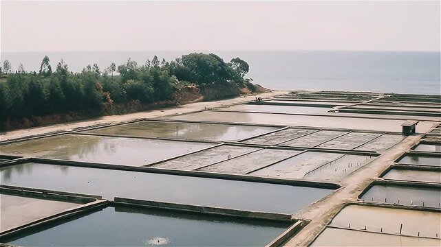 Aerial view of fish farm with ponds growing fish and shrimp and other seafood. Fish hatchery pond aerial view aquaculture with aerator pump oxygenation water near ocean.
