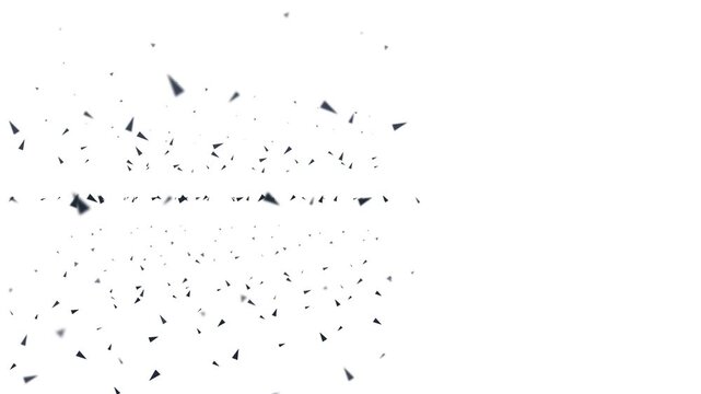 Minimalist black triangular confetti particles drift across a bright white void in this smooth motion graphic digital animation video clip.