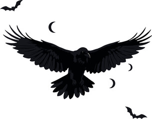 Fototapeta premium Black raven soaring with crescent moons and bats during Halloween night vector illustration
