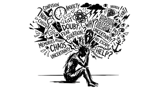 Person overwhelmed by thoughts of anxiety confusion and doubt.
