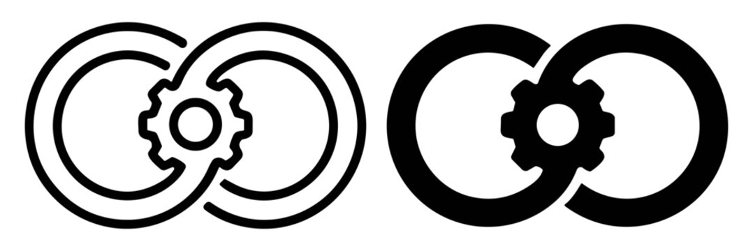 Set of black and white gear and chain link icons representing connection and mechanical integration on transparent background