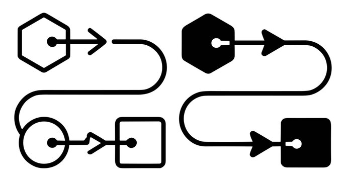 Minimalist parallel process flowchart with curved arrows connecting shapes in solid and outline styles on transparent background