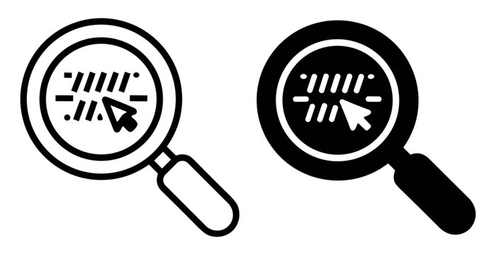 Magnifying glass icons with pointer cursor clicking on barcode symbol, black and white variations on transparent background