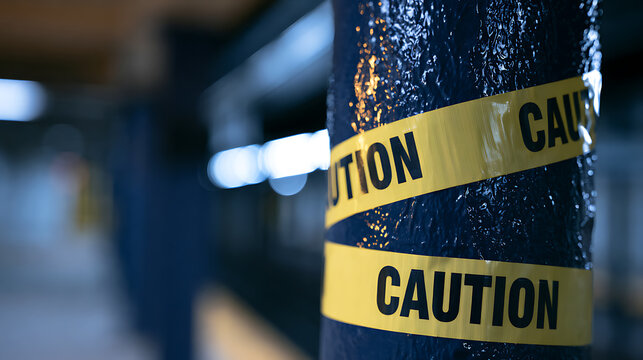 Danger zone warning: Close-up of yellow caution tape wrapped around a dark, textured pillar in a dimly lit, blurred urban environment
