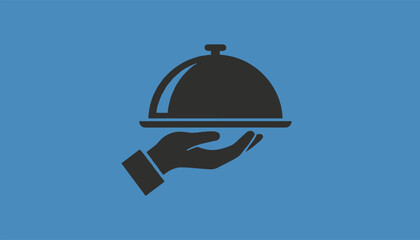 Fototapeta premium Professional catering service icon of a waiter hand holding a tray with a cloche cover against a solid blue background.