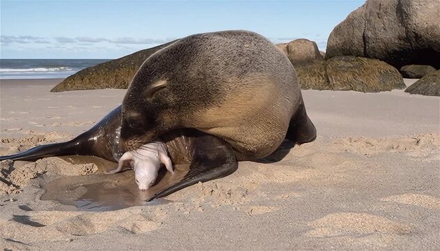 Female cape fur seal (arctocephalus pusillus pusillus) giving birth, on a beach in Namibia

