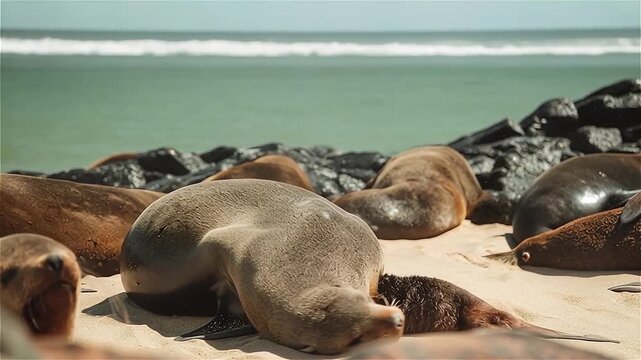 Female cape fur seal (arctocephalus pusillus pusillus) giving birth, on a beach in Namibia
