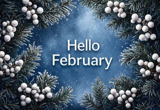 Beautiful winter greeting card with hello february text surrounded by frosty pine branches