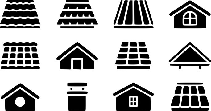 Roofing types and house roof styles vector icon set featuring clay tiles, corrugated metal, roof window, chimney, and shingles silhouettes.