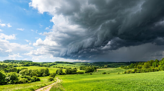 Approaching dark storm clouds over green fields and rural landscape  