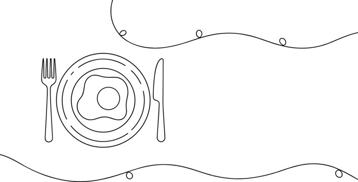 Fried egg plate flat vector illustration. Continuous line art displays a sunny side up breakfast with fork and knife details.
