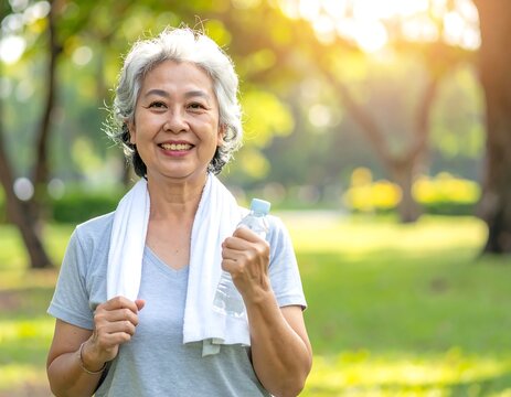 Portrait of a senior Asian woman smiling outdoors, holding water bottle, towel around neck. Sunlight and green foliage create a positive, healthy atmosphere