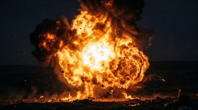 Explosive Power: A powerful explosion erupts with intense heat and light, scattering debris against the dark night sky. A dramatic and awe-inspiring display of raw energy.