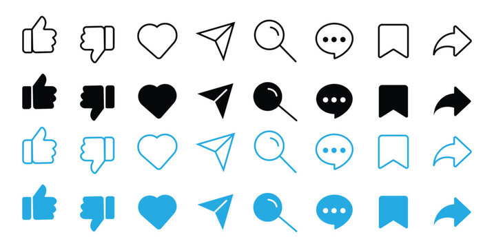 Social media interface icon set. Instagram icon set. symbols including home, like, comment, search, user, repost, share, vector illustration.