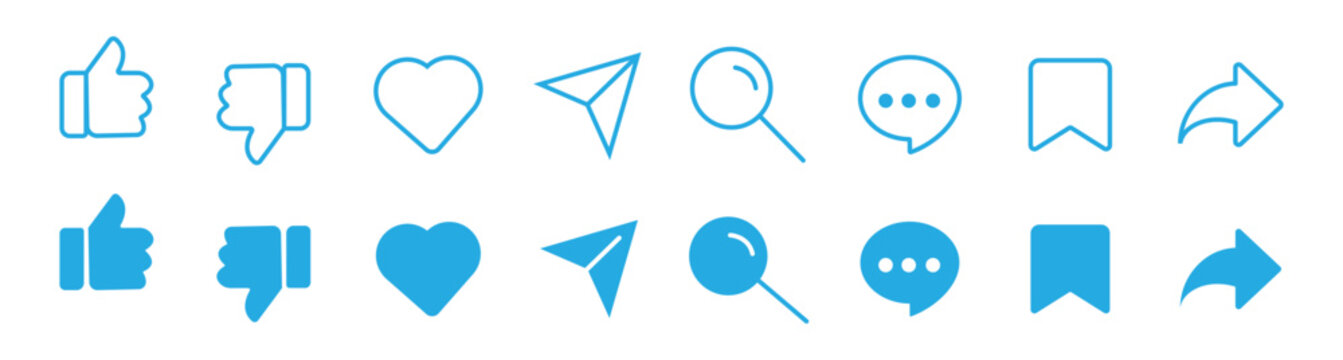 Social media interface icon set in line style. like, unlike, comment, share, message, thumb, search, user, repost, share. Vector illustration.