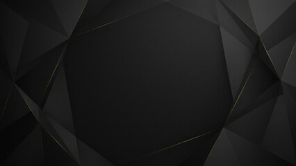 Obraz premium An elegant abstract black geometric background featuring low poly polygon shapes accented with subtle gold lines and a spacious central copy space.