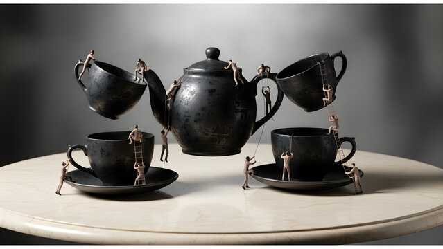 Tiny miniature people climb on and around a large black ceramic teapot and matching teacups in a surreal studio composition.