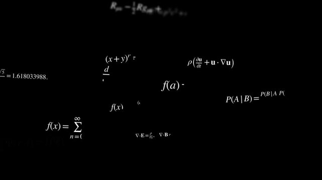 White mathematical formulas race across a black background. Floating equations create an abstract science, research and education concept with generous copy space.
