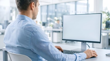 Fototapeta premium Rear view of a man in a blue shirt typing on a computer with a blank white monitor for design template