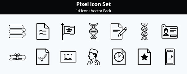 Fototapeta premium Educational pixel art icon pack including documents scientific symbols and school items