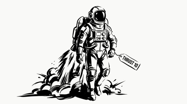 Astronaut with jetpack ink sketch. Black and white spaceman illustration. Sci-fi character propulsion smoke. Hand drawn comic style art concept.