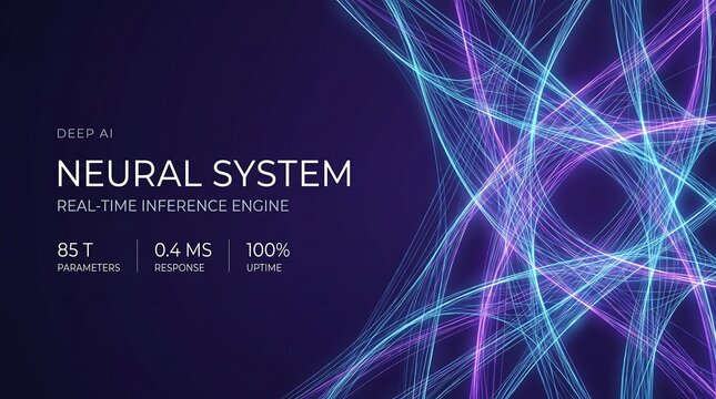 Neural system deep AI interface, real-time inference engine with glowing data waves, futuristic artificial intelligence technology background