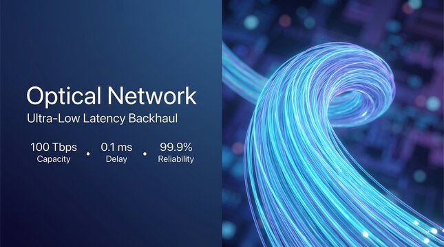 Optical network fiber optic cables for ultra-low latency backhaul, high speed 100 Tbps capacity data transmission, blue glowing digital communication technology
