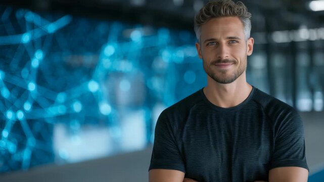Portrait of a smiling professional male in casual attire, exuding confidence and approachability. The blue digital network background suggests innovation, technology, and a forward thinking mindset