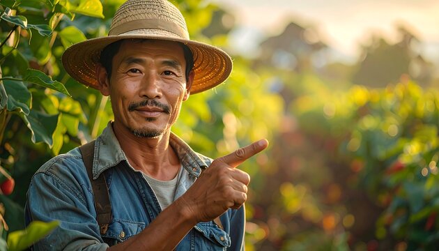 Portrait of a smiling Asian man in a straw hat and denim shirt, pointing to the right, in a sunlit field