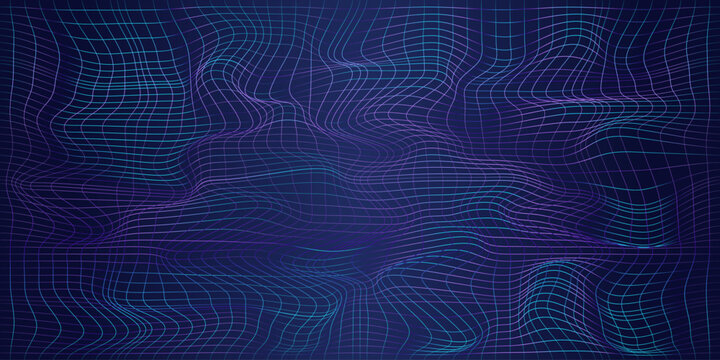 Abstract synthwave distorted grid background, neon blue and purple cyberpunk mesh line banner