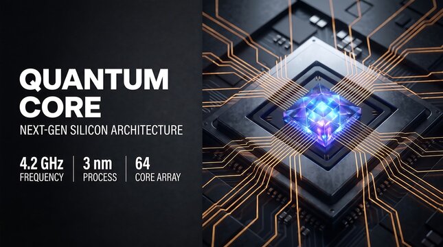 Quantum Core next-gen silicon architecture, powerful computer processor with glowing blue light, 3nm 64 core array CPU on motherboard