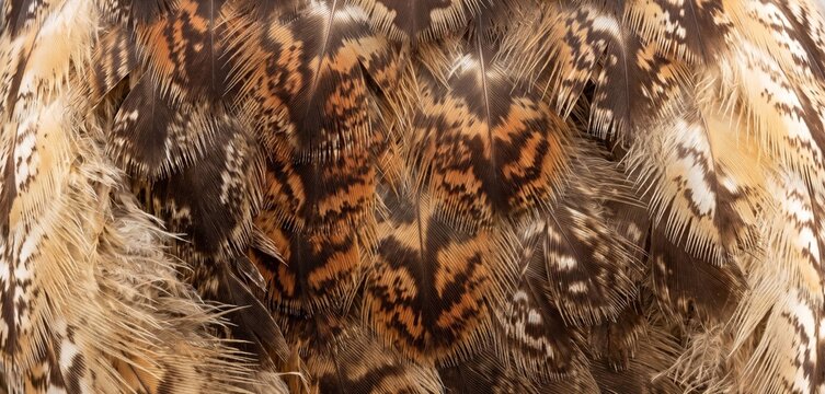 Close-up view of intricate feather patterns displaying a blend of browns, tans, and blacks, showcasing nature's artistry in avian textures.