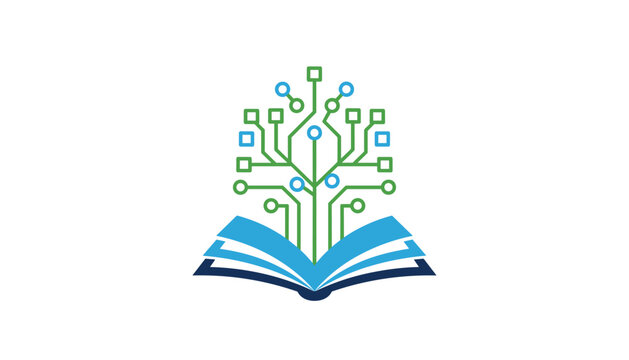 Conceptual logo of an open book with modern digital circuit tree branches growing upwards representing e-learning tech.