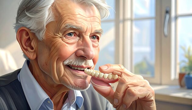 Portrait of a smiling elderly man holding dentures near his mouth by a sunlit window. The focus is on dental health and aging